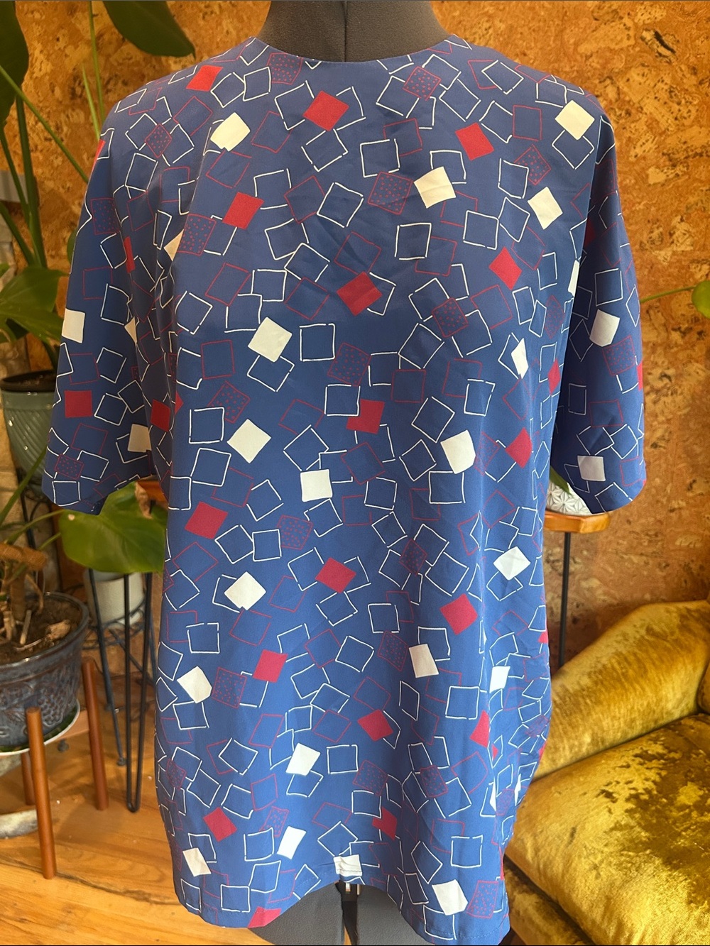 Pendleton Vintage Blue Geometric Short Sleeve Shirt with Red & White Accents